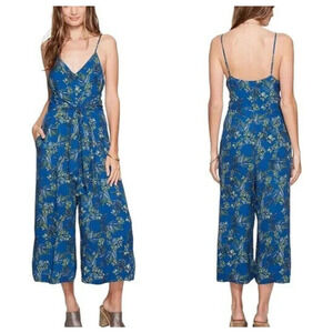 Free People Hot Tropics Wide Leg Crop Floral Jumpsuit SZ 2 Blue Waist Tie Boho